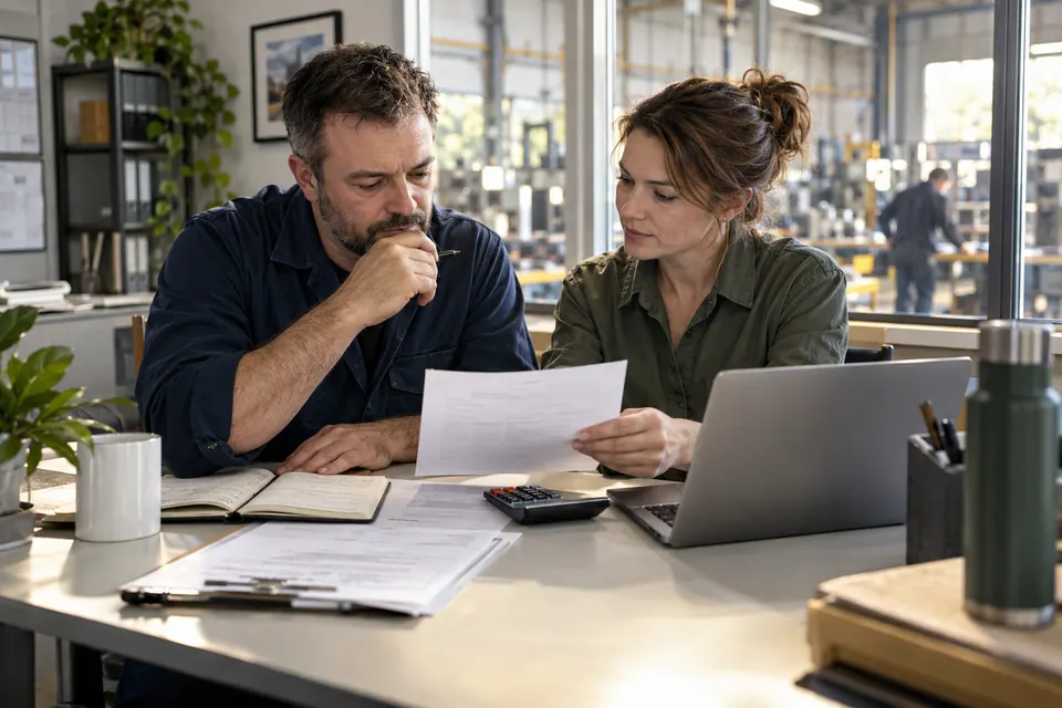 Two business operators reviewing an unbranded utility bill beside a laptop