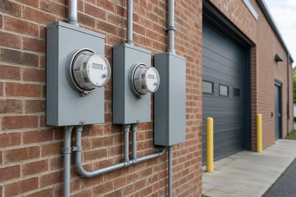 Commercial electricity meters mounted outside a brick business building