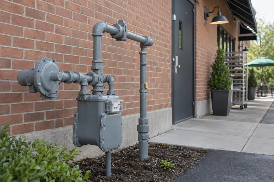 A commercial gas meter beside a restaurant service entrance